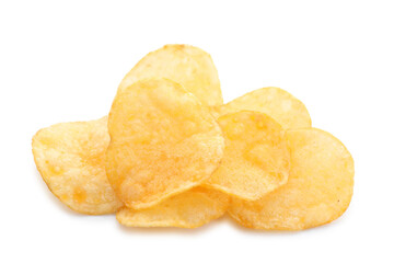Pile of tasty potato chips isolated on white