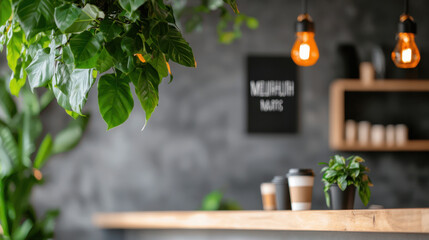 cozy coffee shop interior with plants and warm lighting creates welcoming atmosphere