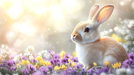 Adorable bunny rabbit nestled in a vibrant spring meadow, bathed in warm sunlight.  Perfect for Easter, springtime, pet, or nature themes.  Ideal for calendars, greeting cards, websites, and more.