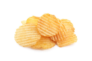 Pile of tasty ridged potato chips isolated on white