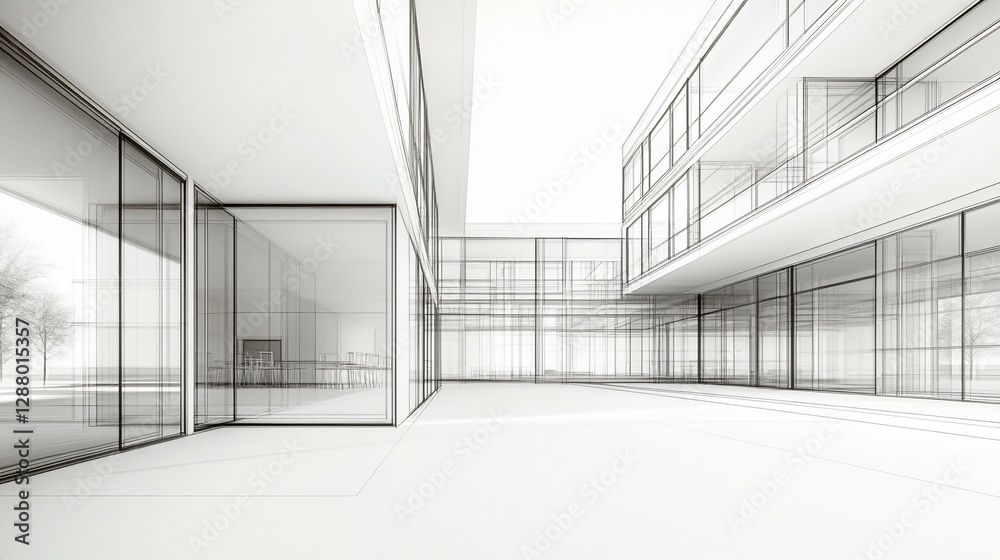 Aufkleber architectural sketch of modern building with large windows and open space design, creating a perspec