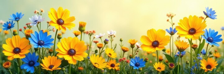 A colorful arrangement of yellow and blue wildflowers in a loose bouquet, colorful, yellow