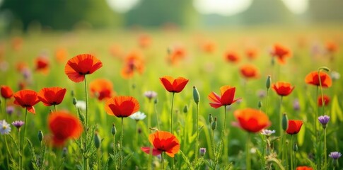Fototapeta premium A colorful meadow filled with wild red poppies and other spring wildflowers, green, field