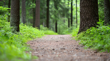 Naklejka premium serene forest path surrounded by lush greenery and tall trees