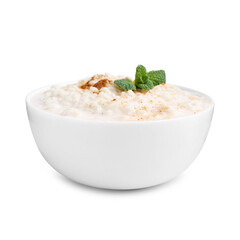 Tasty rice pudding with cinnamon and mint in bowl isolated on white