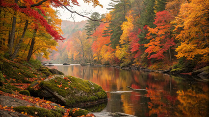 Obraz premium Autumn forest with vibrant colors reflecting in calm water