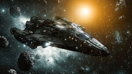 Fototapeta premium Spaceship asteroid field nebula solar system travel