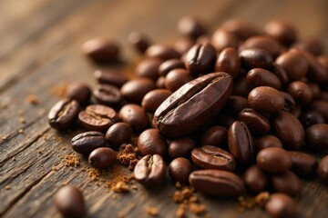 Naklejka premium Brown cacao beans scattered on a wooden surface, cacao beans, spices