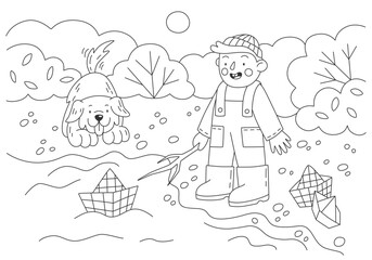 Cute coloring book illustration. Boy launches a paper boat with dog on the beach. Vector template for children hobby, vector printable worksheets for preschool.