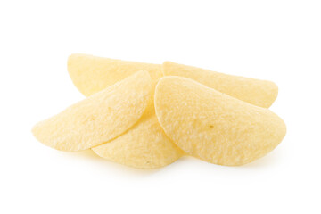 Many tasty potato chips isolated on white