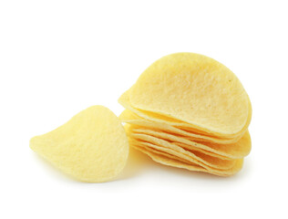 Many tasty potato chips isolated on white