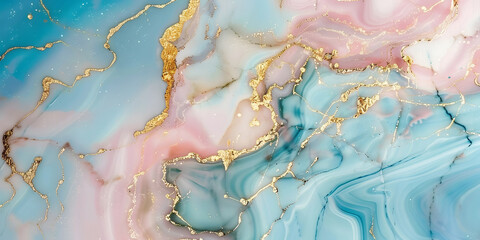 Naklejka premium Stylish light blue and pale pink marble pattern with gold details, perfect for luxury-inspired designs.