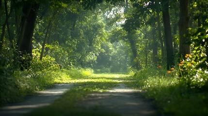 Sunlit Forest Path: Lush Green Trees and a Serene Pathway