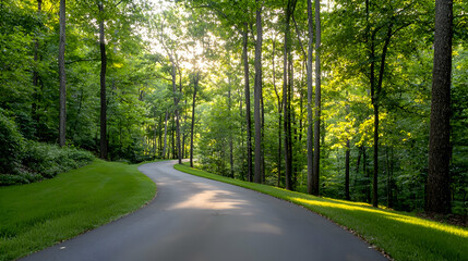 Obraz premium Winding Path Through Lush Green Forest at Sunset