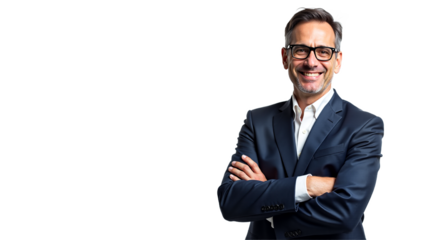 Confident businessman portrait isolated on transparent background. Smiling man in suit and glasses, arms crossed. Ideal for corporate presentations, website banners, and professional profiles.
