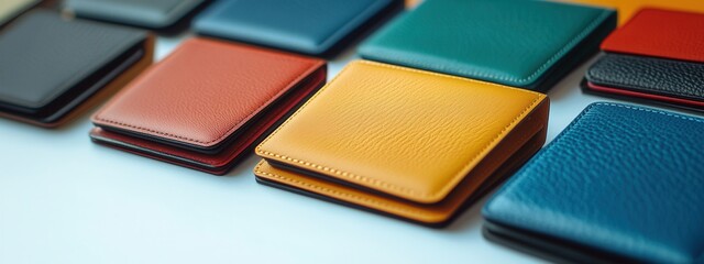 Fototapeta premium Colorful assortment of luxury leather wallets arranged neatly on a white surface, perfect for fashion enthusiasts
