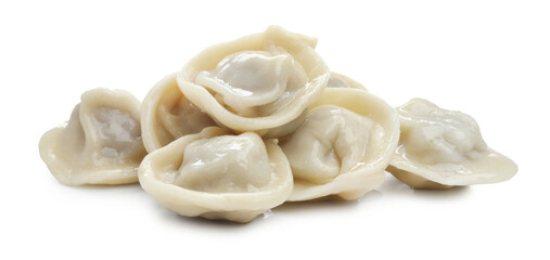 Delicious boiled dumplings (pelmeni) isolated on white