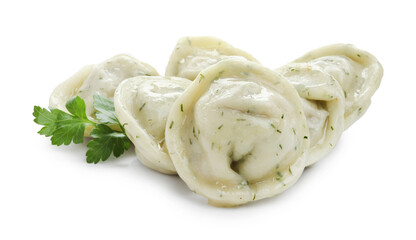Delicious dumplings with spices isolated on white