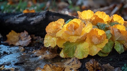 Vibrant yellow ornamental cabbages growing in a garden, moisture on leaves reflecting morning sunlight