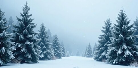 Dense fog envelops towering evergreens, snowflakes gently fall on their branches, evergreen, winter wonderland