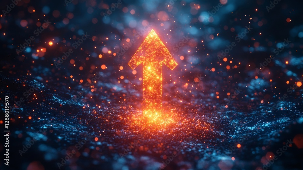 Aufkleber glowing orange arrow pointing up amidst blue and orange bokeh lights, symbolizing progress and direc