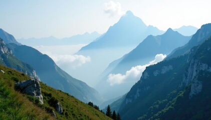 Fototapeta premium Dense fog swirls around rugged mountain peaks, serene landscape, misty peaks,