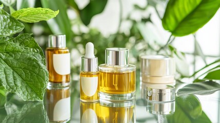 In a cosmetic laboratory, researchers develop eco skin care and beauty products through natural drug research, incorporating organic plants and employing scientific extraction methods in glassware to