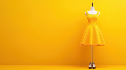 Whimsical cartoon dress displayed on a mannequin in a vibrant yellow room fashion photography artistic environment unique perspective