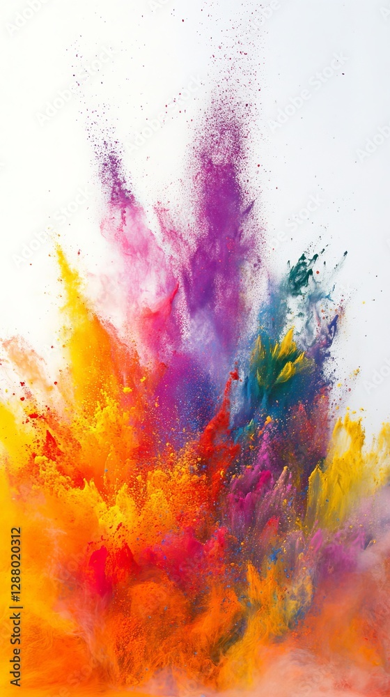 Poster Explosion of vibrant multicolored powder on white background creating a dynamic burst of colors, abstract art. Creativity and artistic expression concept