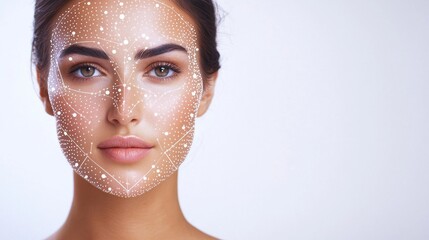The image depicts a facial recognition system, featuring a woman with a digital biometric grid overlay on a light background, symbolizing beauty stock and skin analysis technology