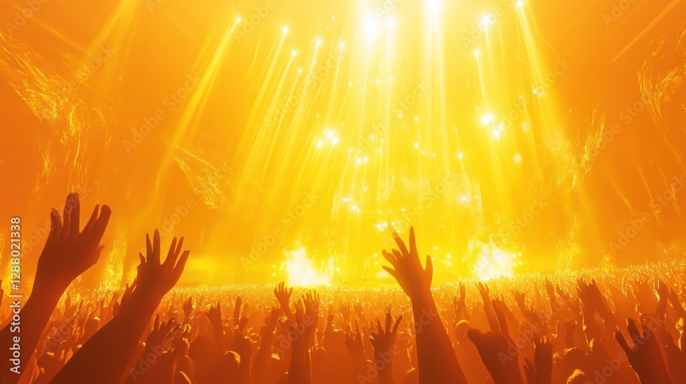 Canvas Prints Yellow beams shining over a sea of waving hands at a concert, lively music festival energy.