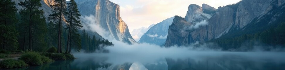 Obraz premium Gentle fog wraps around the giant trees of Yosemite, landscape, peaceful, forest