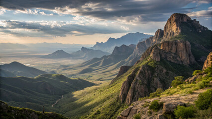 Breathtaking mountain landscape with dramatic clouds and valleys