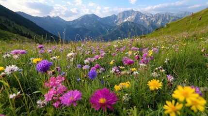 Fototapeta premium Colorful alpine meadow with mountains in background. Ideal for nature, travel, and outdoor articles