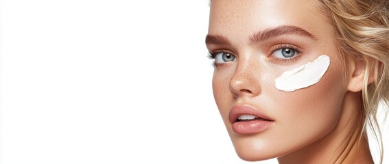 Fototapeta premium A gorgeous woman utilizes moisturizer to bring out her luminous complexion and supple skin, endorsing a daily skincare and beauty habit