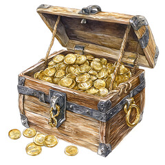 Wooden Chest Full of Gold Coins Watercolor Illustration