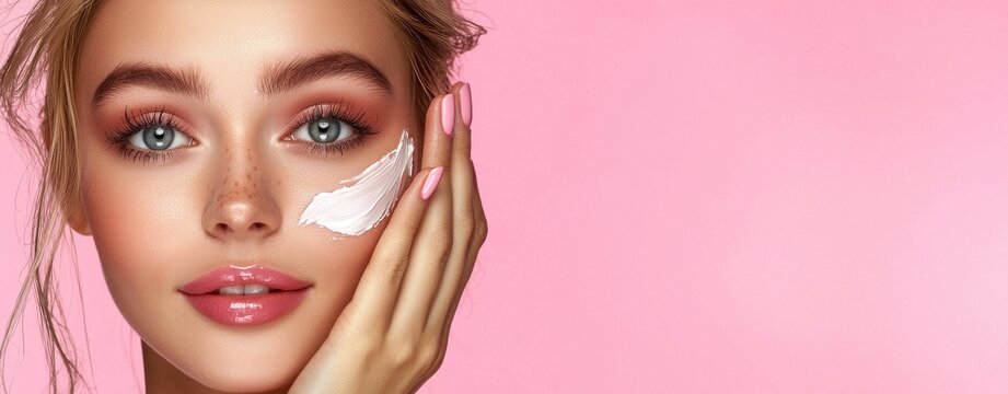 A woman delicately spreads a white facial cream across her cheek, highlighting the importance of a consistent skincare routine in achieving a perfect and glowing complexion