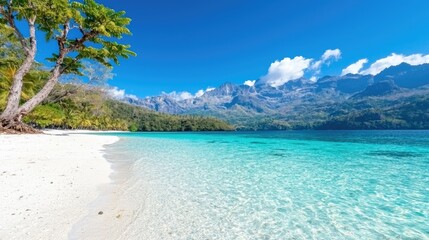 Fototapeta premium Tropical Beach, Turquoise Water, Mountains, Sunny Day, Scenic View, Vacation Destination