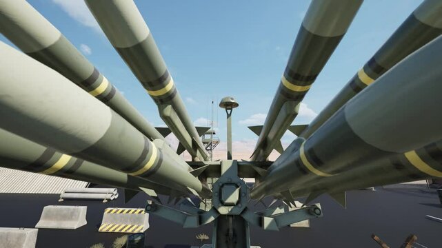 Creation and destruction. Missiles ready to be launched under a serene blue sky.