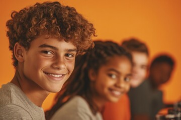 Smiling teenagers share joyful moments, vibrant orange backgroun