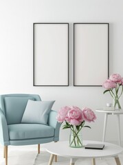 A cozy living room with a blue armchair. a coffee table. and two black framed posters on the wall Pink peonies in a vase add a touch of color to the room