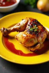Roast chicken on yellow plate with sauce drizzle, plate, sauce, flavorful