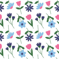 Trendy floral seamless pattern. Simple childish daisy, tulip, rose. Spring flower template for packaging, postcards, textile printing, wallpaper. Hand drawn illustration isolated on white background.