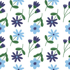 Trendy floral seamless pattern. Simple childish blue, purple daisy. Spring flower template for packaging, postcards, textile printing, wallpaper. Hand drawn illustration isolated on white background.