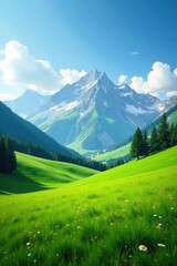 Obraz premium Rolling green meadows under the shadow of the Alps, Alpine, landscape, meadow