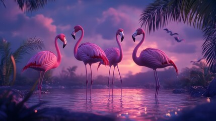 Naklejka premium Serene flamingos at twilight, pink birds gracefully wading in calm water reflecting vibrant sunset colors, tranquil nature scene.