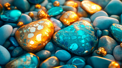 Fototapeta premium Abstract background of various size and shapes of stones in a teal, gold, and blue colors.