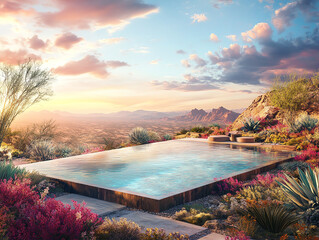 Fototapeta premium Beautiful sunset over a serene pool landscape.