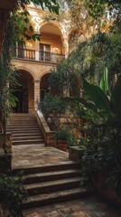Fototapeta premium Serene courtyard with lush greenery and steps