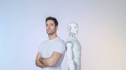 A man and humanoid robot standing back-to-back, symbolizing AI partnership